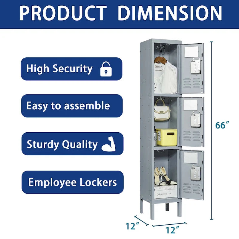 3-Door 66-Inch Metal Storage Locker with Lock for Home or Office