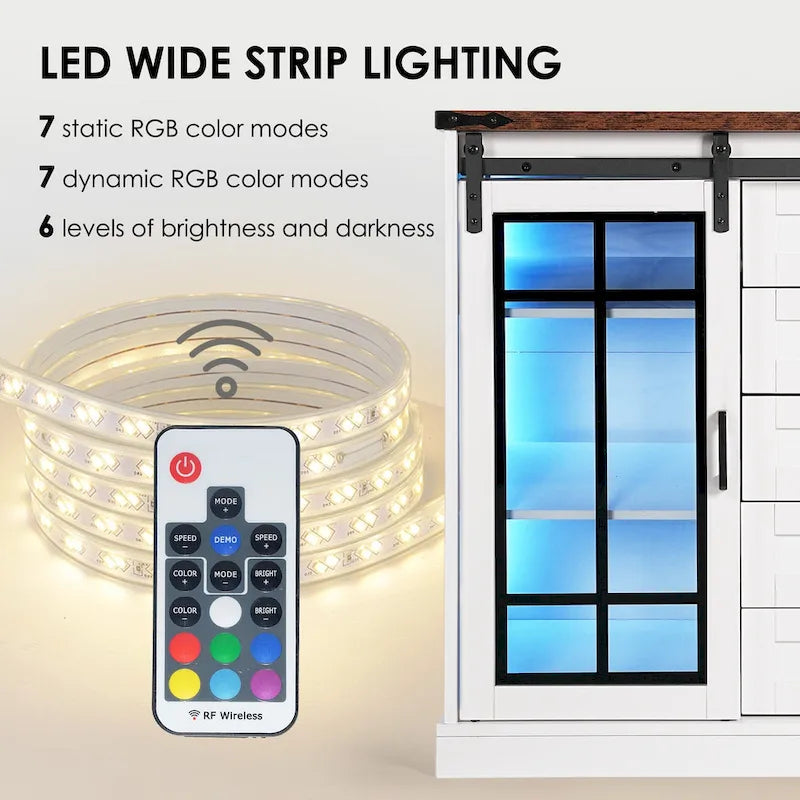 Farmhouse Storage Cabinet with LED Lights and Glass Barn Doors