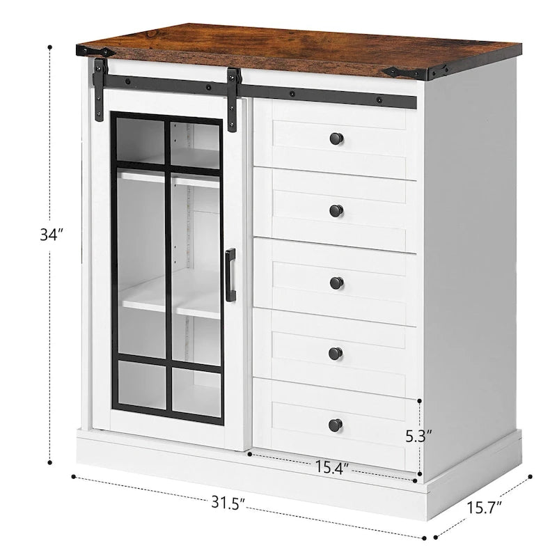 Farmhouse Storage Cabinet with LED Lights and Glass Barn Doors