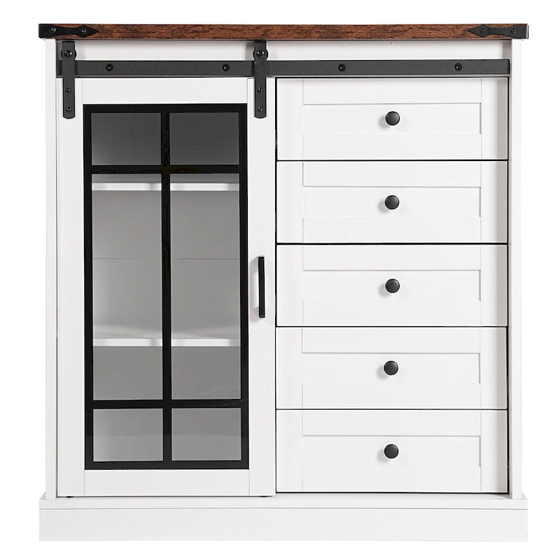 Farmhouse Storage Cabinet with LED Lights and Glass Barn Doors