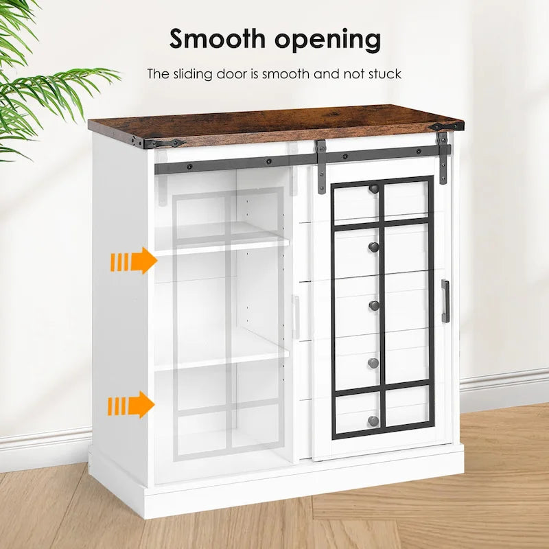 Farmhouse Storage Cabinet with LED Lights and Glass Barn Doors