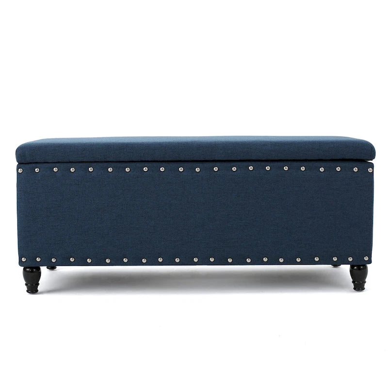 Navy Blue Fabric Storage Ottoman Bench with Nailhead Trim 42 Inch