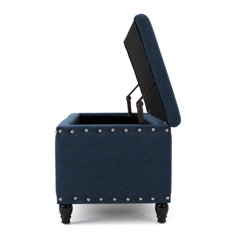 Navy Blue Fabric Storage Ottoman Bench with Nailhead Trim 42 Inch