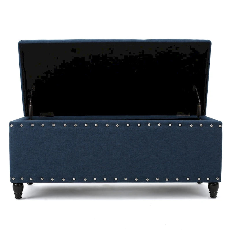 Navy Blue Fabric Storage Ottoman Bench with Nailhead Trim 42 Inch