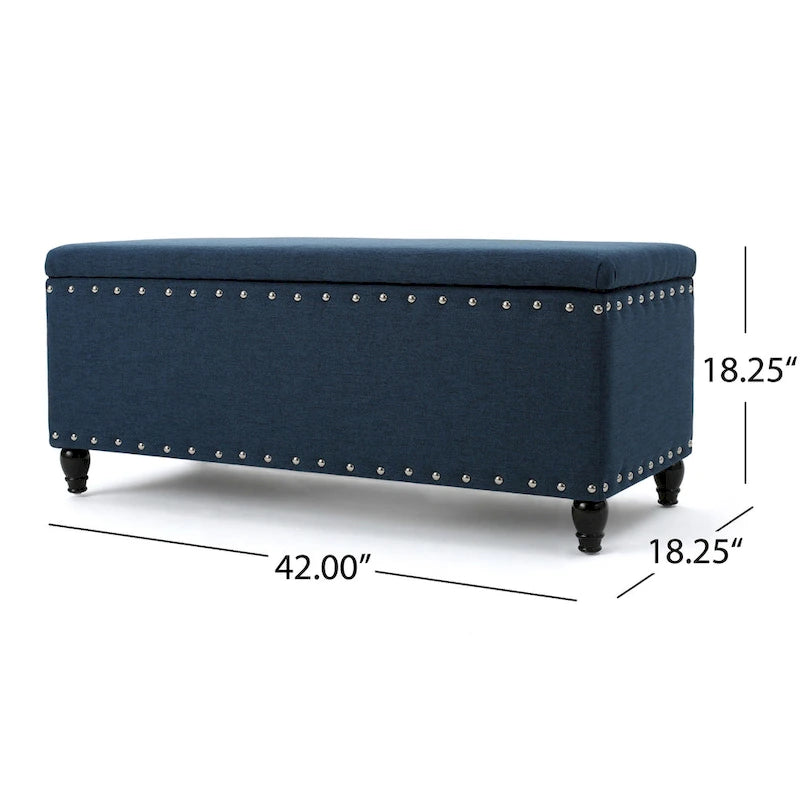 Navy Blue Fabric Storage Ottoman Bench with Nailhead Trim 42 Inch