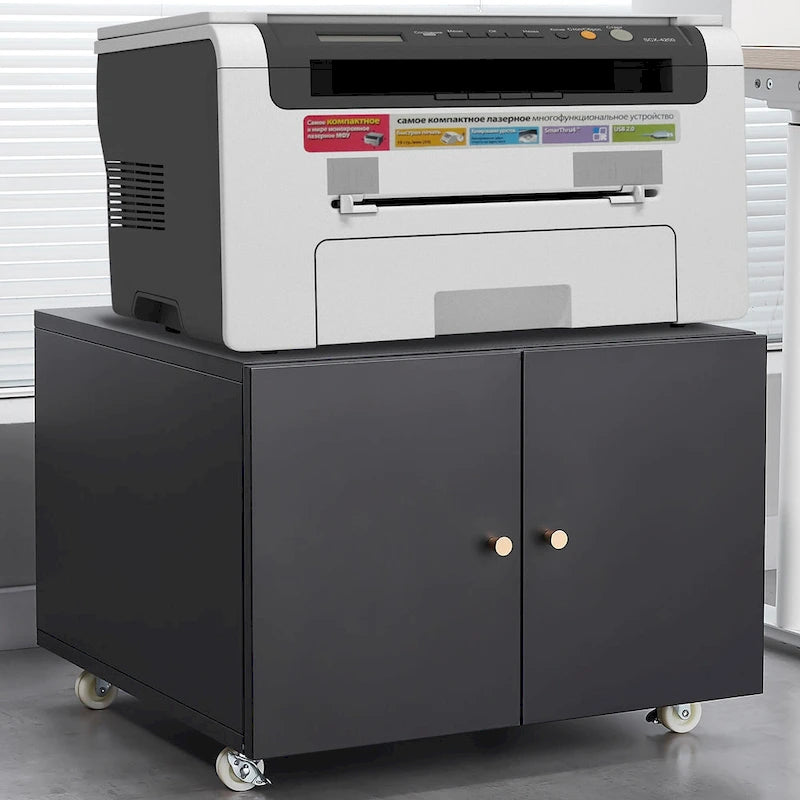 Black cabinet with 2 door and a sturdy steel printer stand