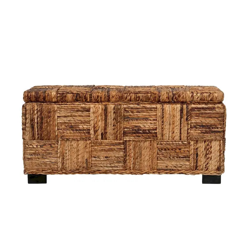 Handwoven Geometric Abaca Storage Bench with Lift Lid