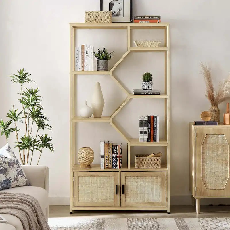 5-Tier Rattan Bookshelf with Storage Cabinet for Home or Office
