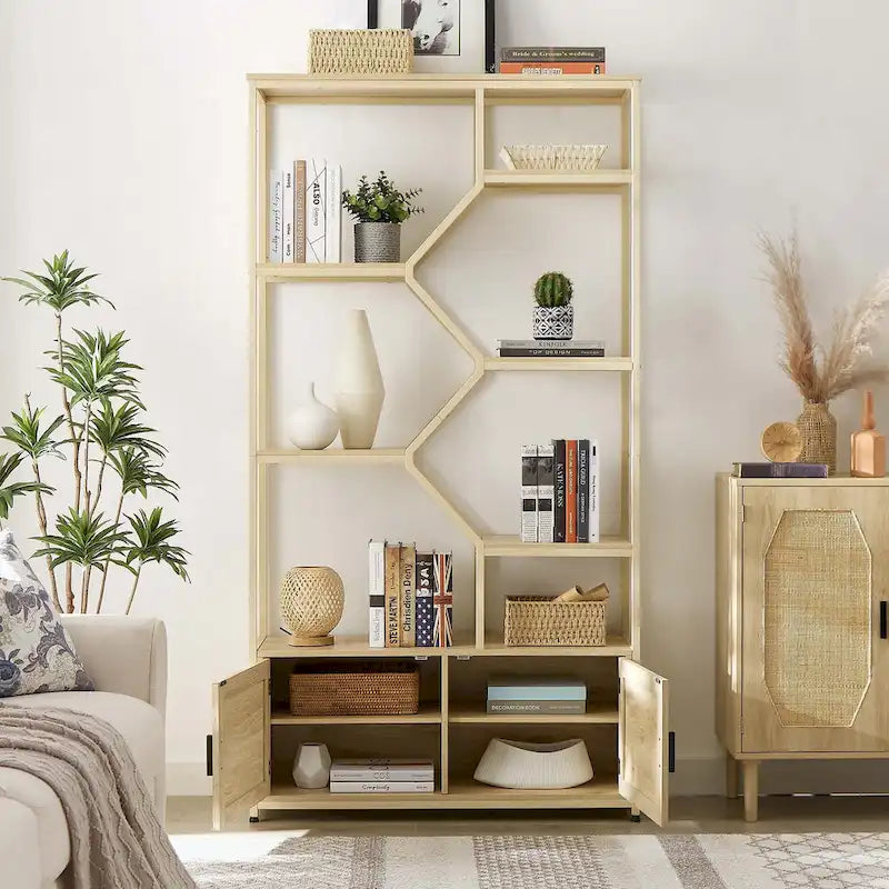 5-Tier Rattan Bookshelf with Storage Cabinet for Home or Office