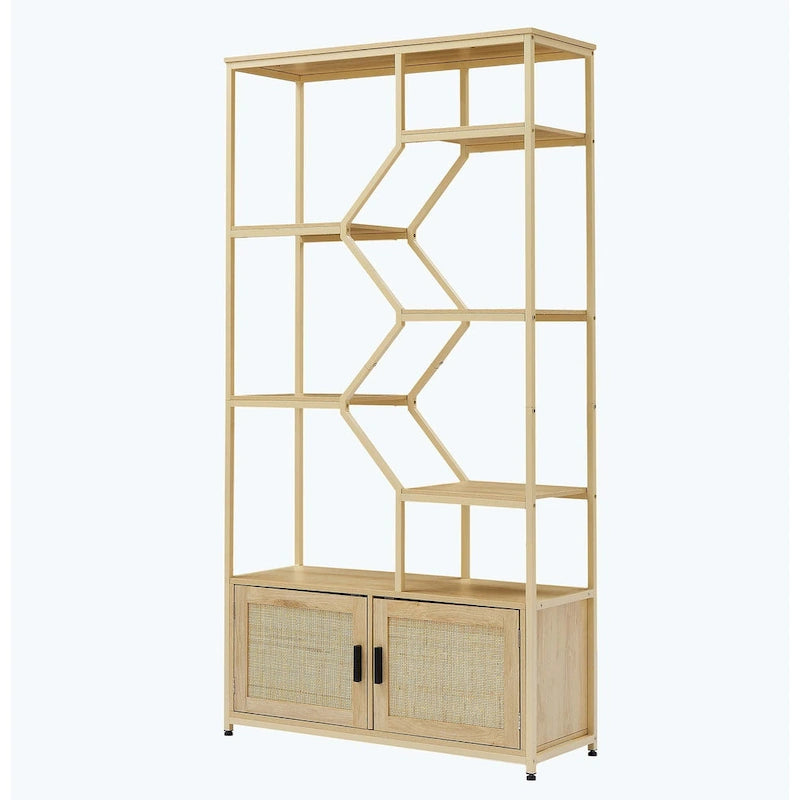 5-Tier Rattan Bookshelf with Storage Cabinet for Home or Office