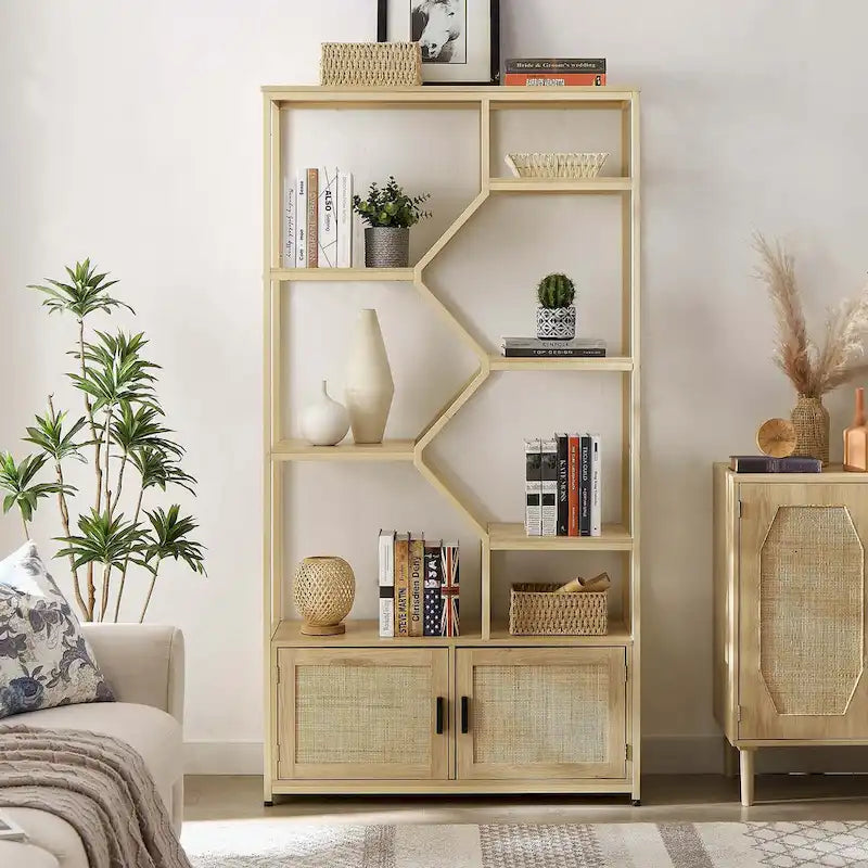5-Tier Rattan Bookshelf with Storage Cabinet for Home or Office