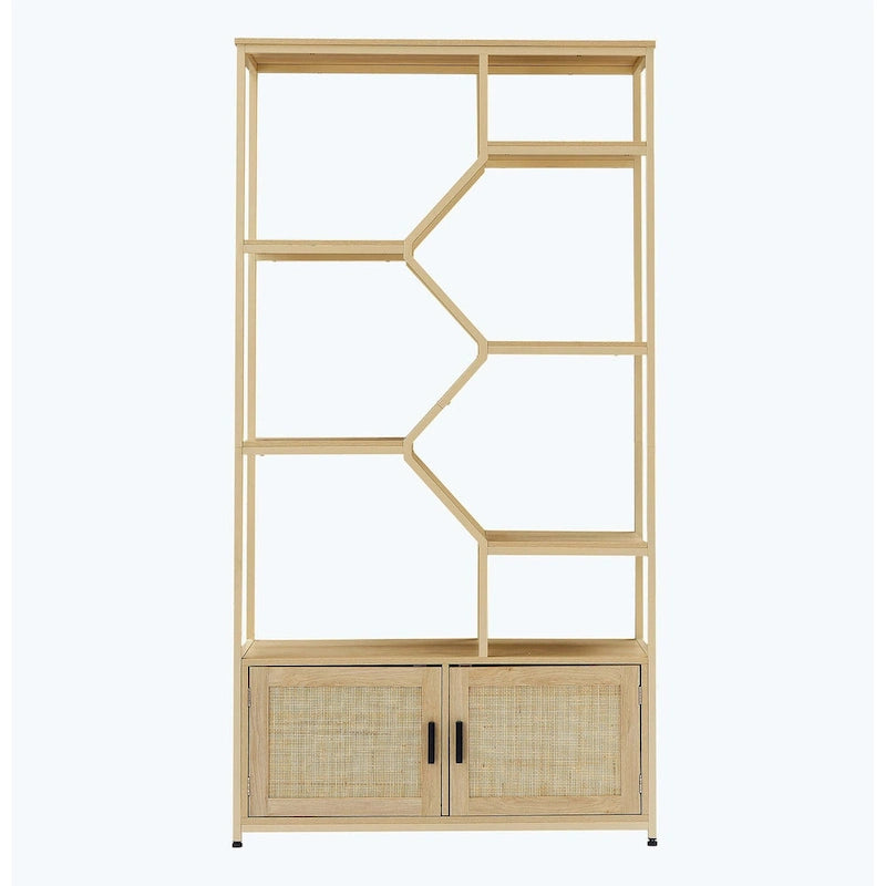 5-Tier Rattan Bookshelf with Storage Cabinet for Home or Office