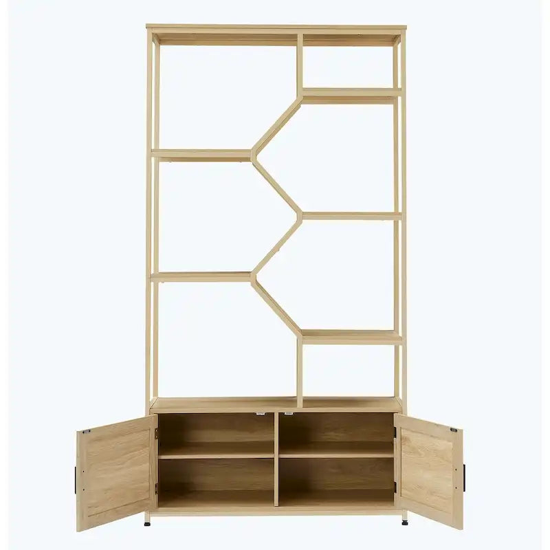 5-Tier Rattan Bookshelf with Storage Cabinet for Home or Office