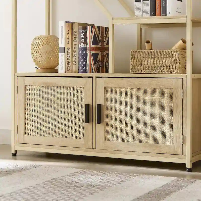 5-Tier Rattan Bookshelf with Storage Cabinet for Home or Office