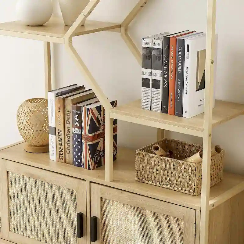 5-Tier Rattan Bookshelf with Storage Cabinet for Home or Office