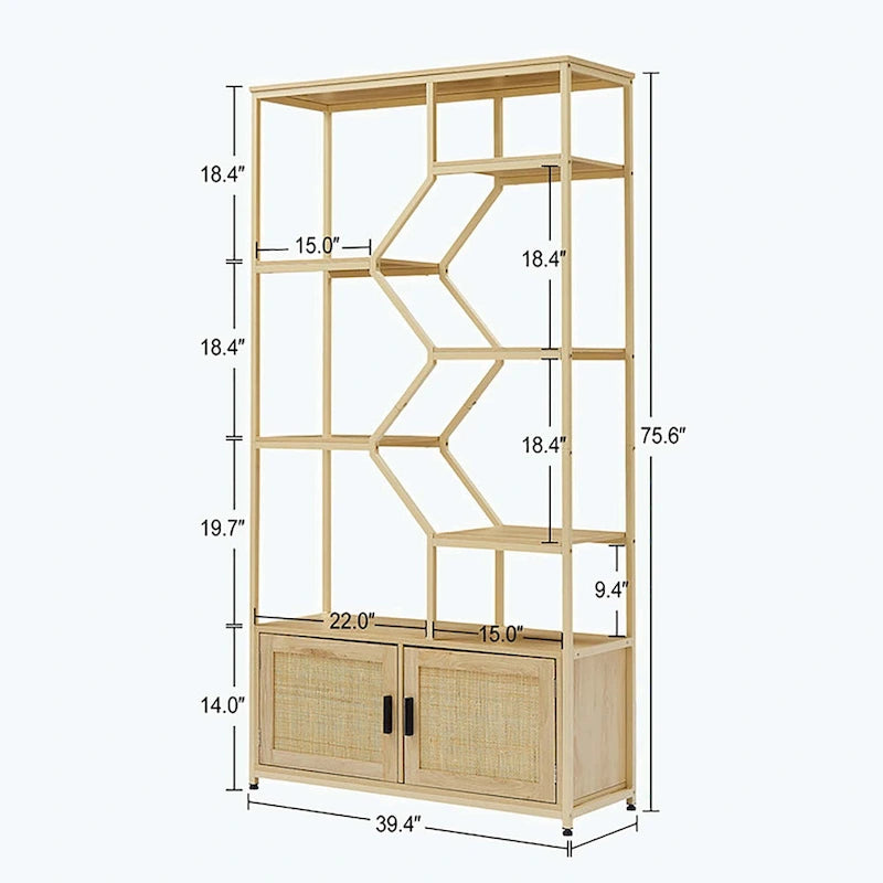 5-Tier Rattan Bookshelf with Storage Cabinet for Home or Office