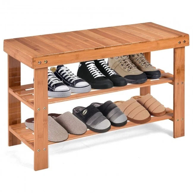 3-Tier Bamboo Shoe Storage Bench Shelf 27.5x11x17.5 Inches