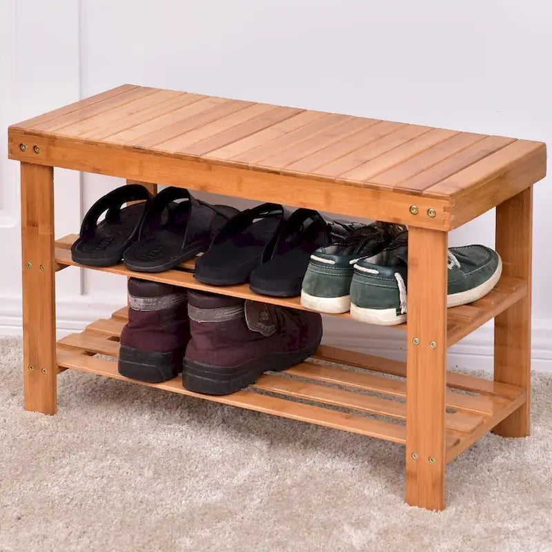 3-Tier Bamboo Shoe Storage Bench Shelf 27.5x11x17.5 Inches