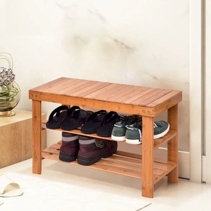 3-Tier Bamboo Shoe Storage Bench Shelf 27.5x11x17.5 Inches