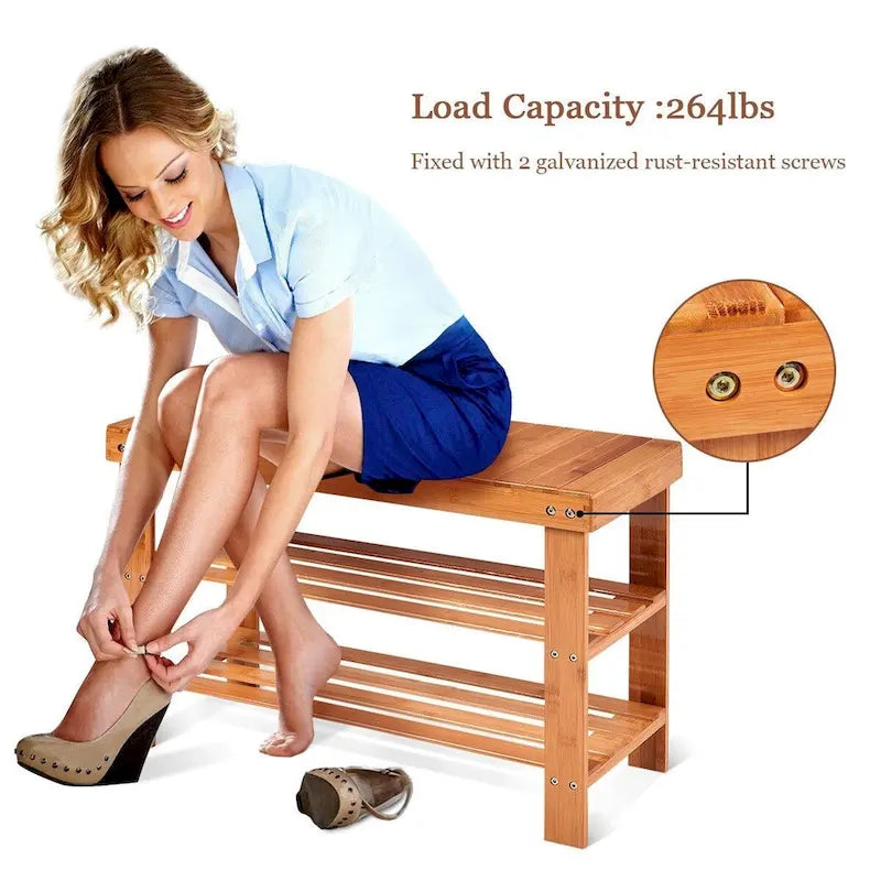 3-Tier Bamboo Shoe Storage Bench Shelf 27.5x11x17.5 Inches