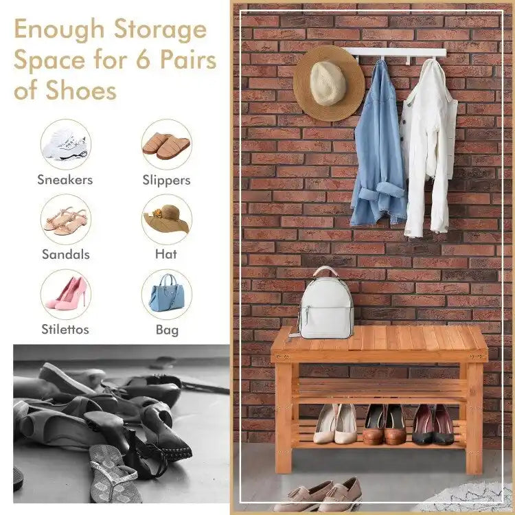 3-Tier Bamboo Shoe Storage Bench Shelf 27.5x11x17.5 Inches