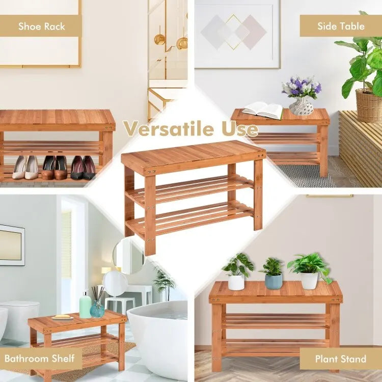 3-Tier Bamboo Shoe Storage Bench Shelf 27.5x11x17.5 Inches