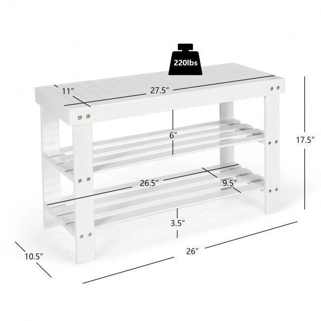 3-Tier Bamboo Shoe Storage Bench Shelf 27.5x11x17.5 Inches