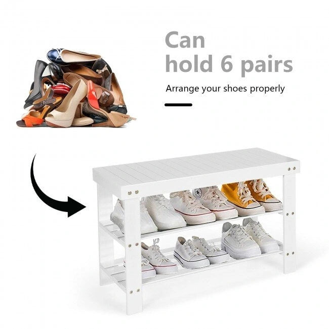 3-Tier Bamboo Shoe Storage Bench Shelf 27.5x11x17.5 Inches