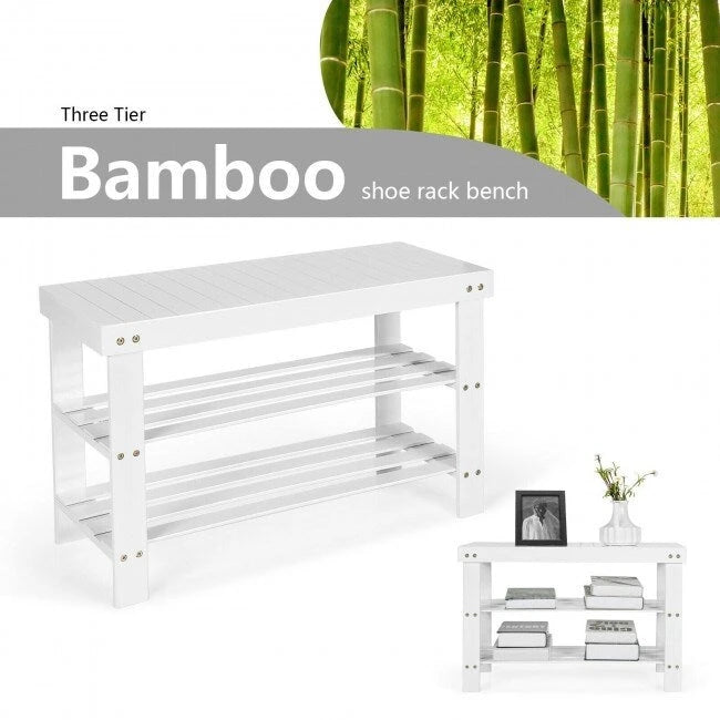3-Tier Bamboo Shoe Storage Bench Shelf 27.5x11x17.5 Inches
