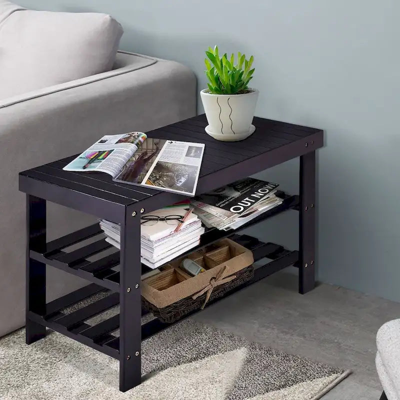 3-Tier Bamboo Shoe Storage Bench Shelf 27.5x11x17.5 Inches