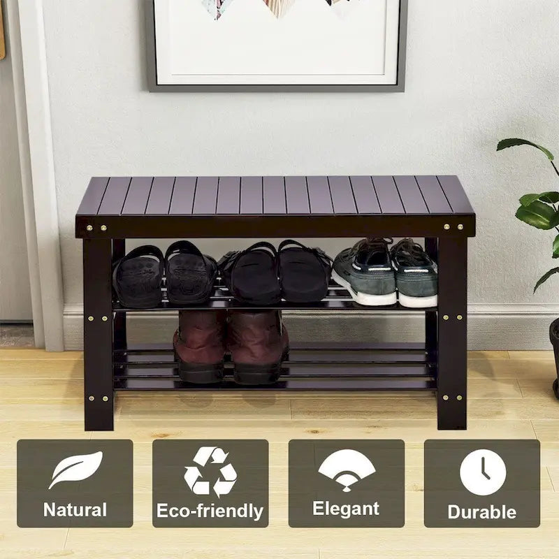 3-Tier Bamboo Shoe Storage Bench Shelf 27.5x11x17.5 Inches
