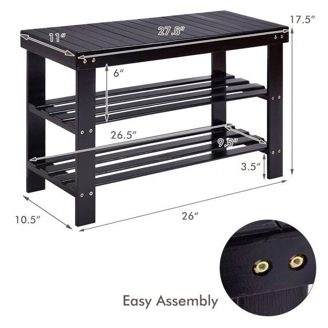 3-Tier Bamboo Shoe Storage Bench Shelf 27.5x11x17.5 Inches