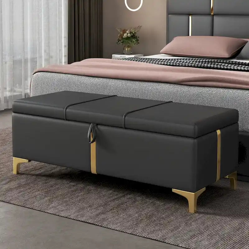 Elegant Upholstered Storage Ottoman Bench with Metal Legs