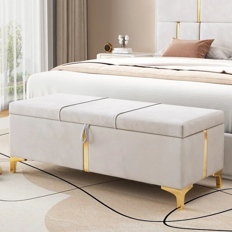 Elegant Upholstered Storage Ottoman Bench with Metal Legs