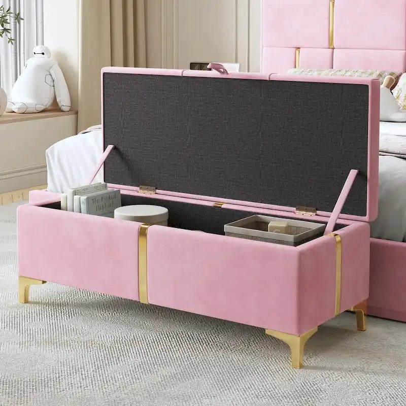 Elegant Upholstered Storage Ottoman Bench with Metal Legs