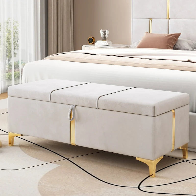 Elegant Upholstered Storage Ottoman Bench with Metal Legs