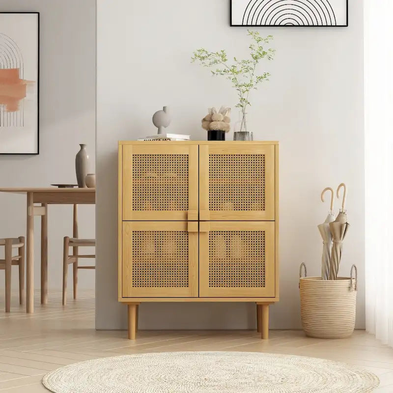 4-Door Rattan Mesh Storage Cabinet with 8 Adjustable Shelves