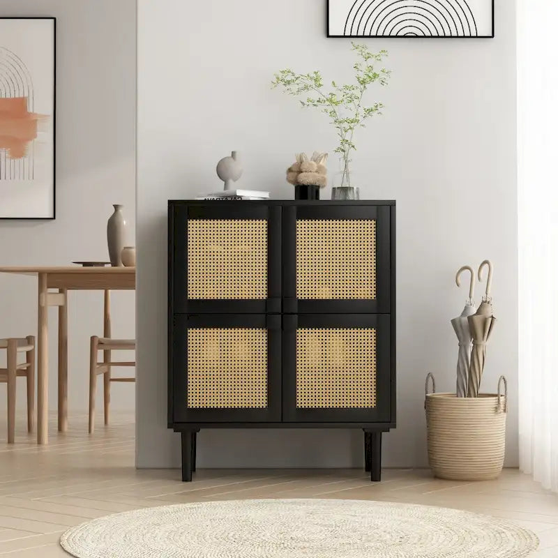 4-Door Rattan Mesh Storage Cabinet with 8 Adjustable Shelves