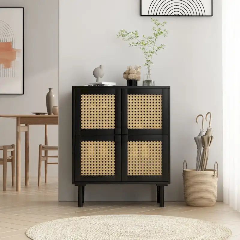 4-Door Rattan Mesh Storage Cabinet with 8 Adjustable Shelves