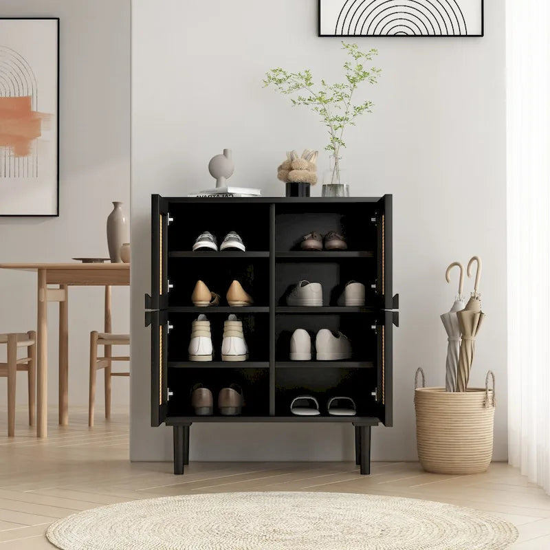 4-Door Rattan Mesh Storage Cabinet with 8 Adjustable Shelves