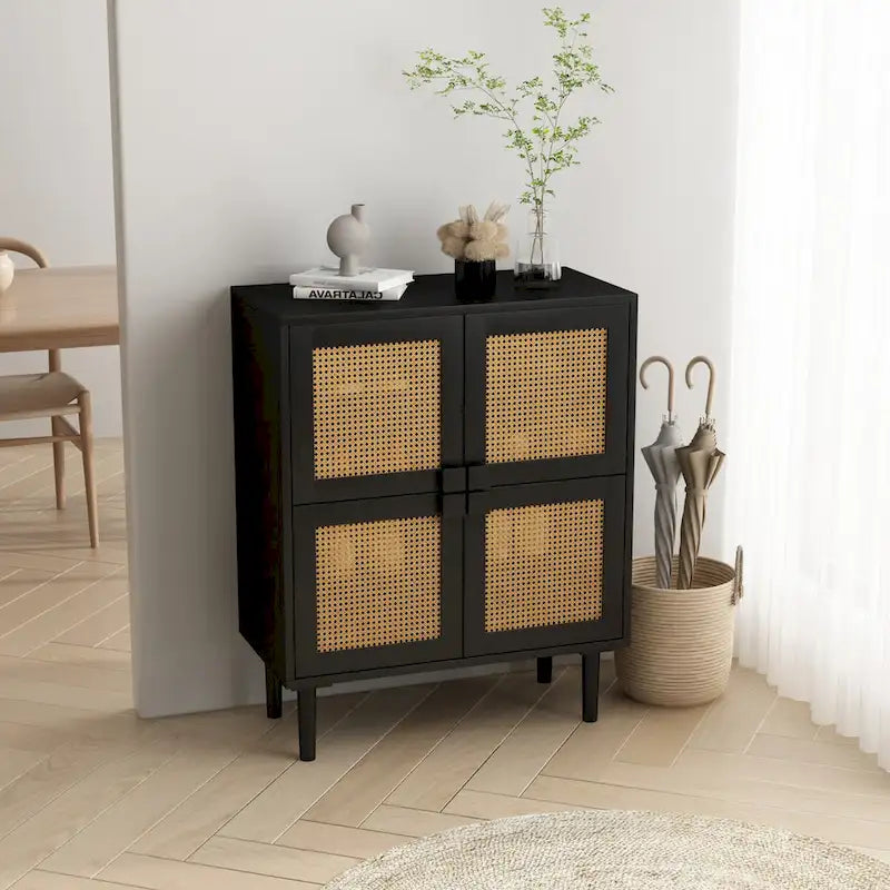 4-Door Rattan Mesh Storage Cabinet with 8 Adjustable Shelves