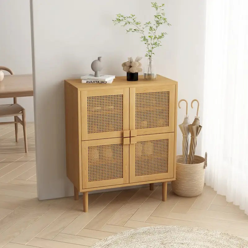 4-Door Rattan Mesh Storage Cabinet with 8 Adjustable Shelves
