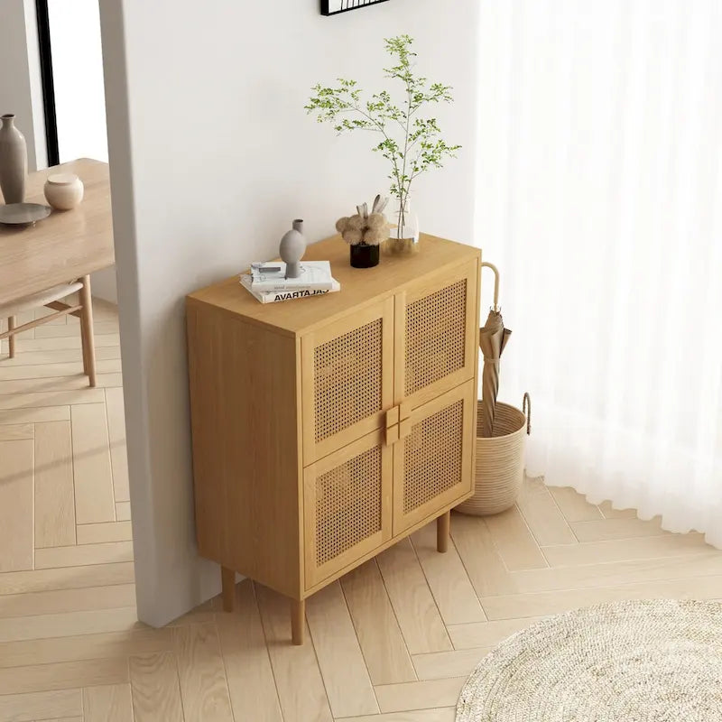 4-Door Rattan Mesh Storage Cabinet with 8 Adjustable Shelves