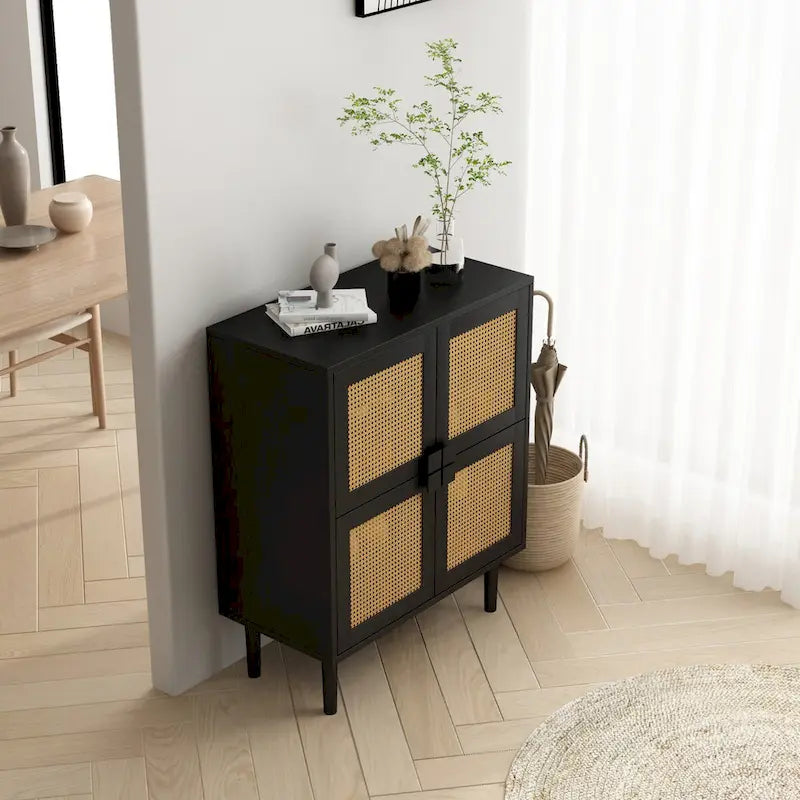4-Door Rattan Mesh Storage Cabinet with 8 Adjustable Shelves