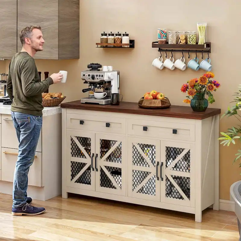 55-Inch Farmhouse Sideboard Buffet Cabinet with Coffee Bar Storage