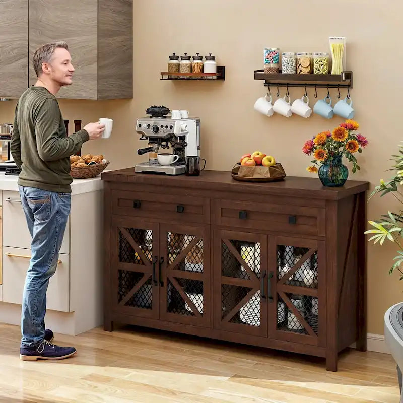 55-Inch Farmhouse Sideboard Buffet Cabinet with Coffee Bar Storage