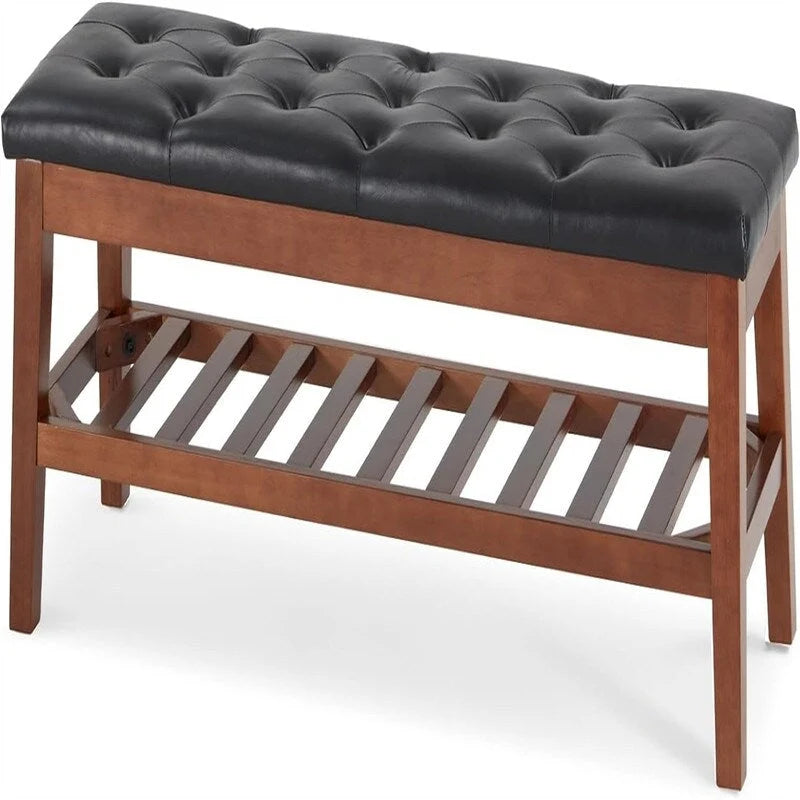 Solid Oak Entryway Shoe Bench with Linen Seat and Storage Shelf