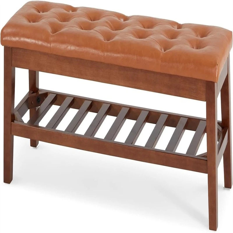 Solid Oak Entryway Shoe Bench with Linen Seat and Storage Shelf