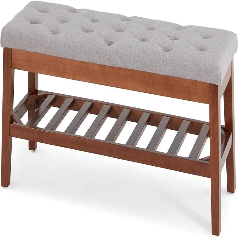 Solid Oak Entryway Shoe Bench with Linen Seat and Storage Shelf