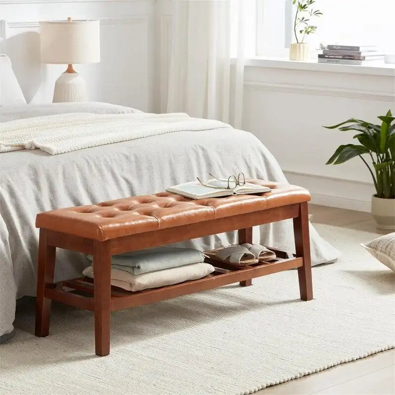 Solid Oak Entryway Shoe Bench with Linen Seat and Storage Shelf